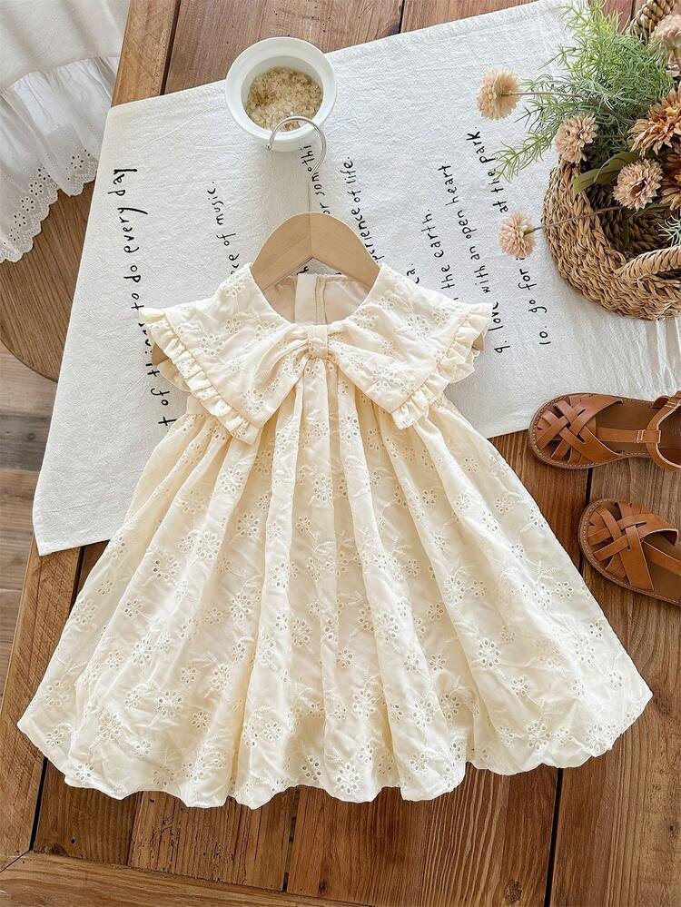 SHEIN LMoss Kids Babygirl Cute Apricot Floral Embroidery Holiday Peter Pan Collar Dress For Summer | SHEIN