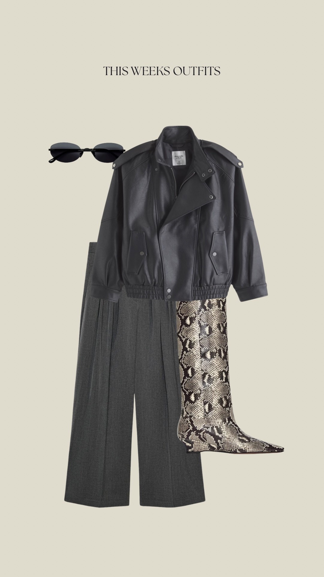 What I wore this week 
Black Abercrombie leather jacket
Zara grey trousers
Arket snake print boots
Black Vehla sunglasses 