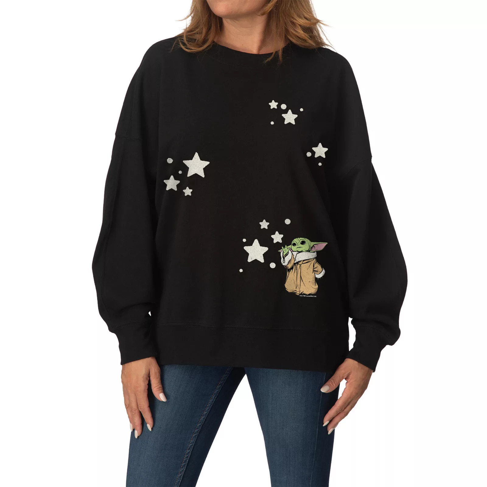 Women's Star Wars The Mandalorian Grogu Stars Oversized Fleece Crew Sweatshirt, Size: Small, Black | Kohl's