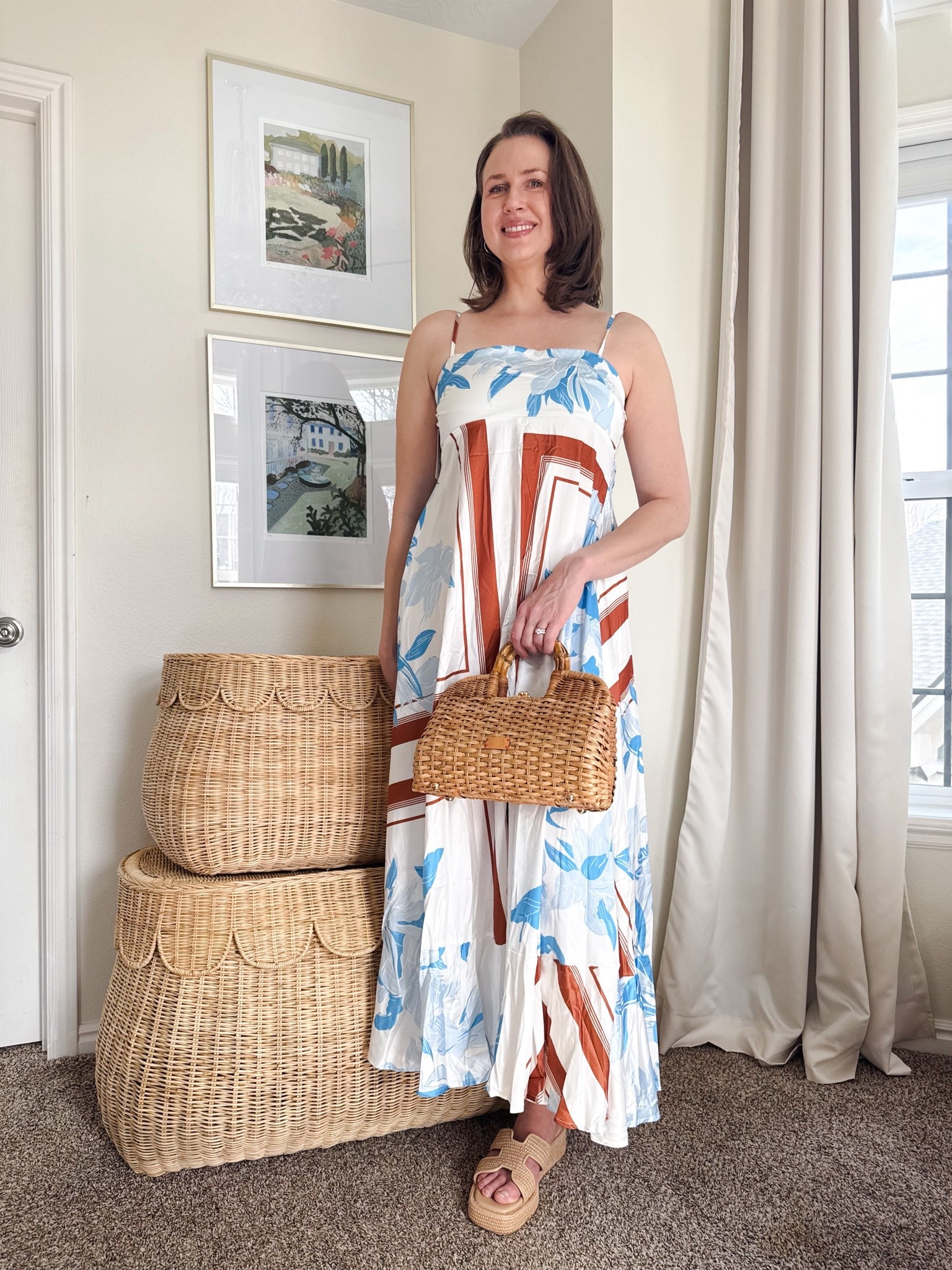 A spring maxi dress that will take you into summer and your upcoming vacation! 

This pretty maxi dress is affordable and flattering. I’ve paired it with my Frances Valentine basket bag and raffia sandals. I’m 5’9 and wearing a size large. 

#date night outfits #spring outfits 2026 #spring dresses #vacation outfits beach 

@ltk 
#ltkshoecrush 

#LTKTall #LTKOver40 #LTKootd