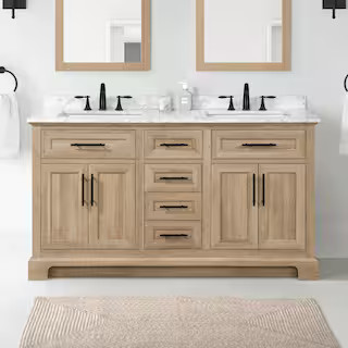 Home Decorators Collection Doveton 60 in. Double Sink Freestanding Weathered Tan Bath Vanity with... | The Home Depot