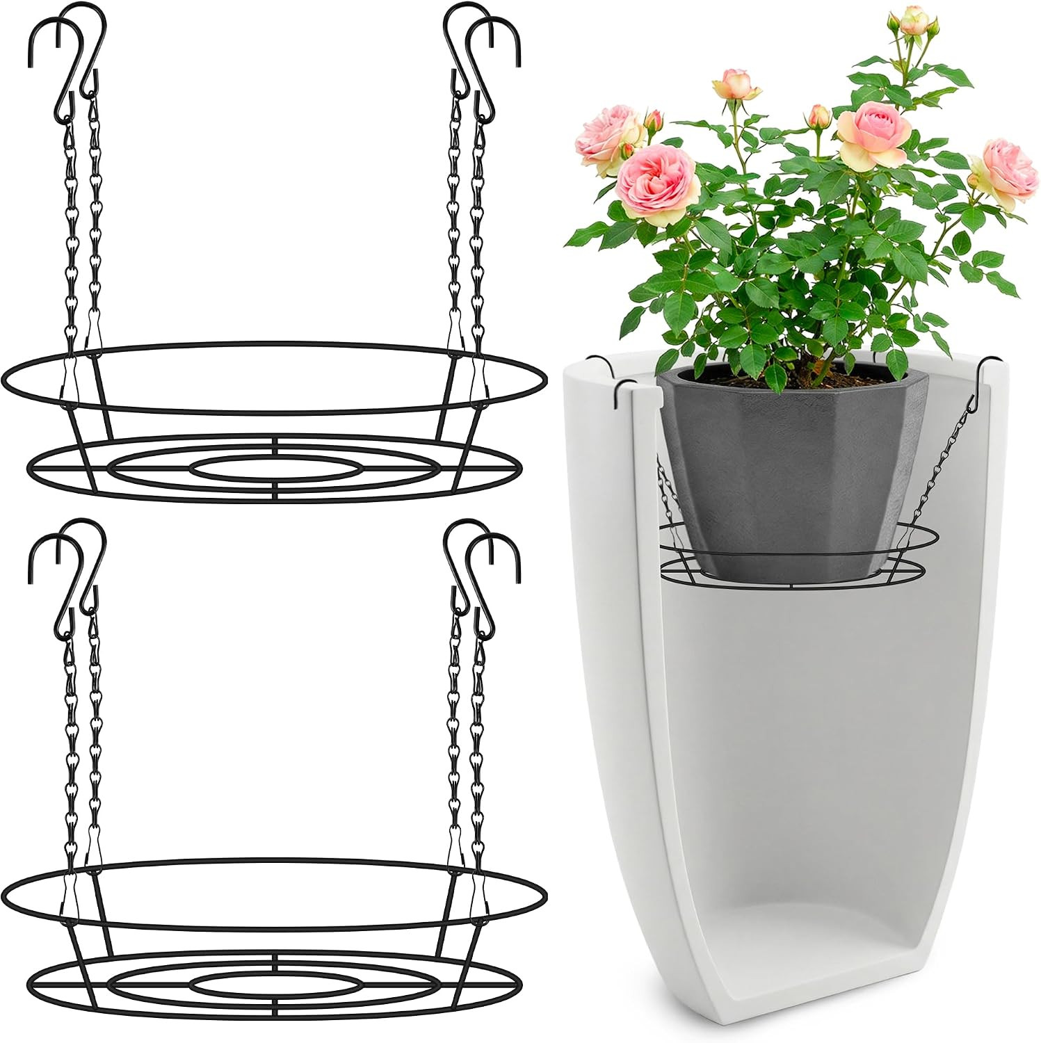 Adjustable Planter Inserts for Large Pots, 12-18" Plant Risers for Inside Pots, Black Stainless Steel Planter Insert with 4Hooks, Chain Pot Fillers for Tall Round Planters to Reduce Soil (2, black) | Amazon (US)
