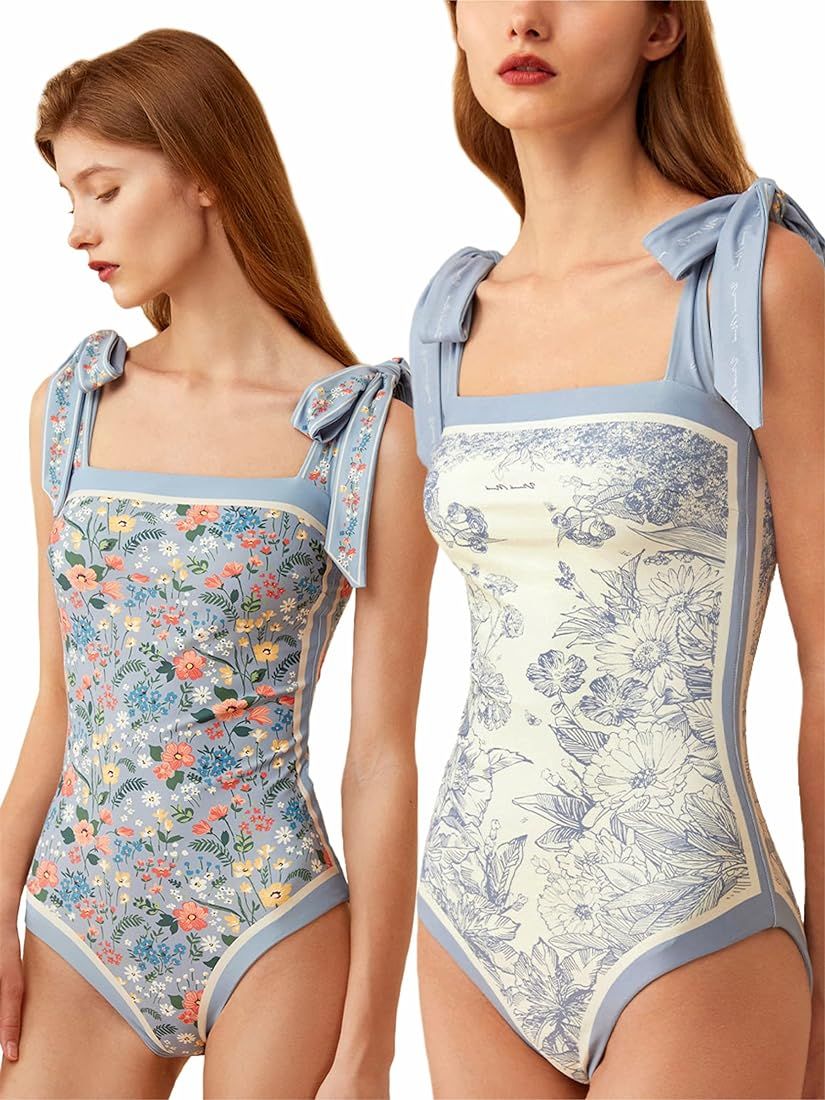 Women Floral One Piece Swimsuits, Reversible Retro Print Tie Shoulder Monokini Swimwear Tummy Con... | Amazon (US)