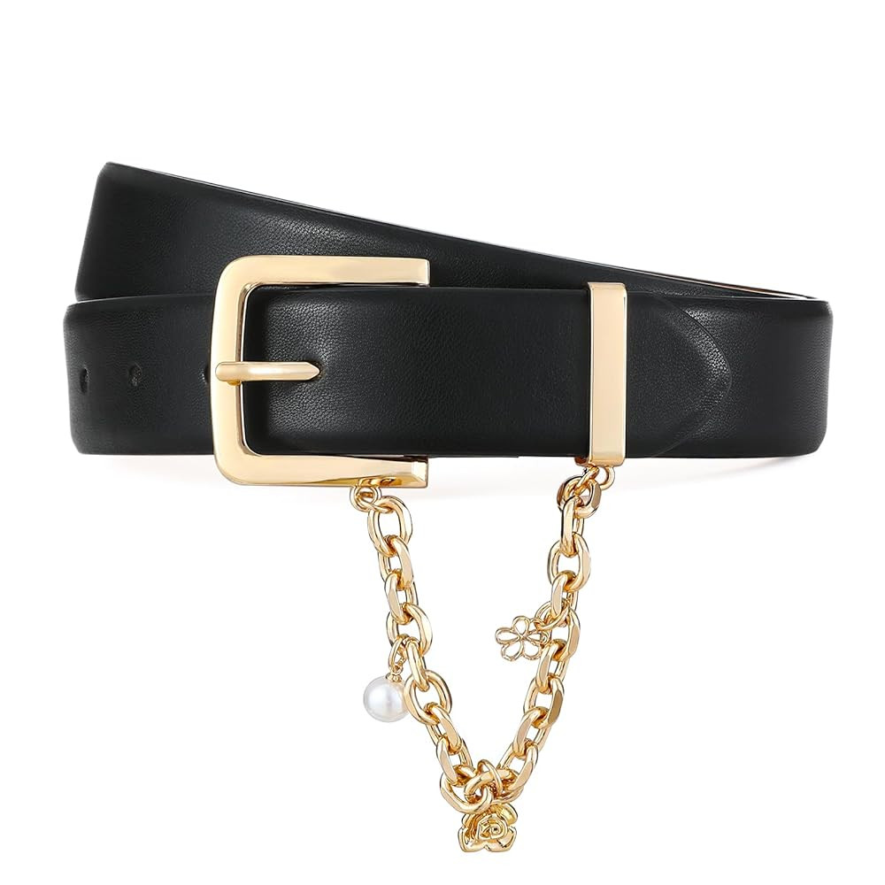 Black Belt for Women Gold Buckle with Chain Decoration Belts Perfect for Jeans and Casual Wear | Amazon (US)