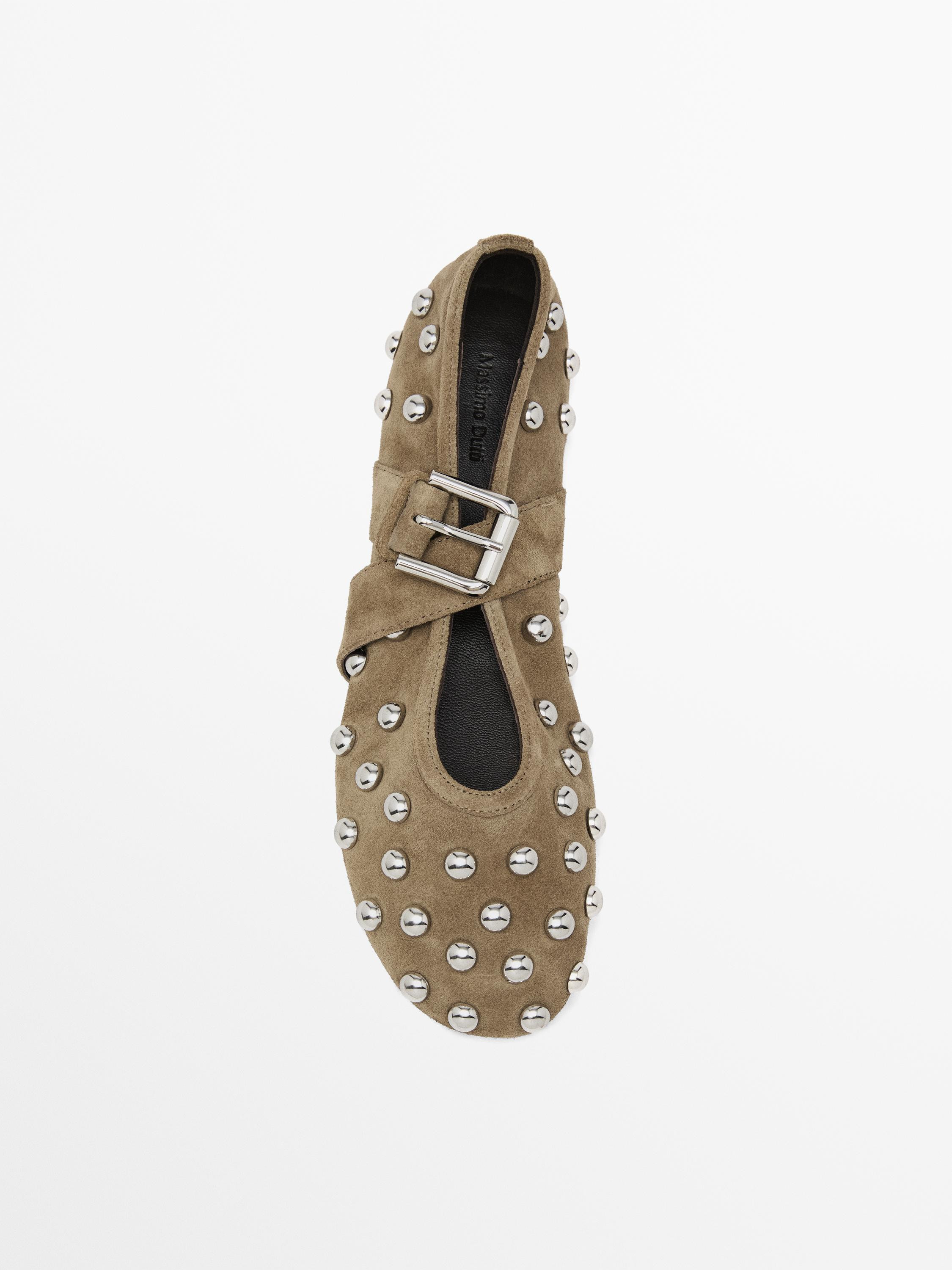 Studded split leather ballet flats | Massimo Dutti US