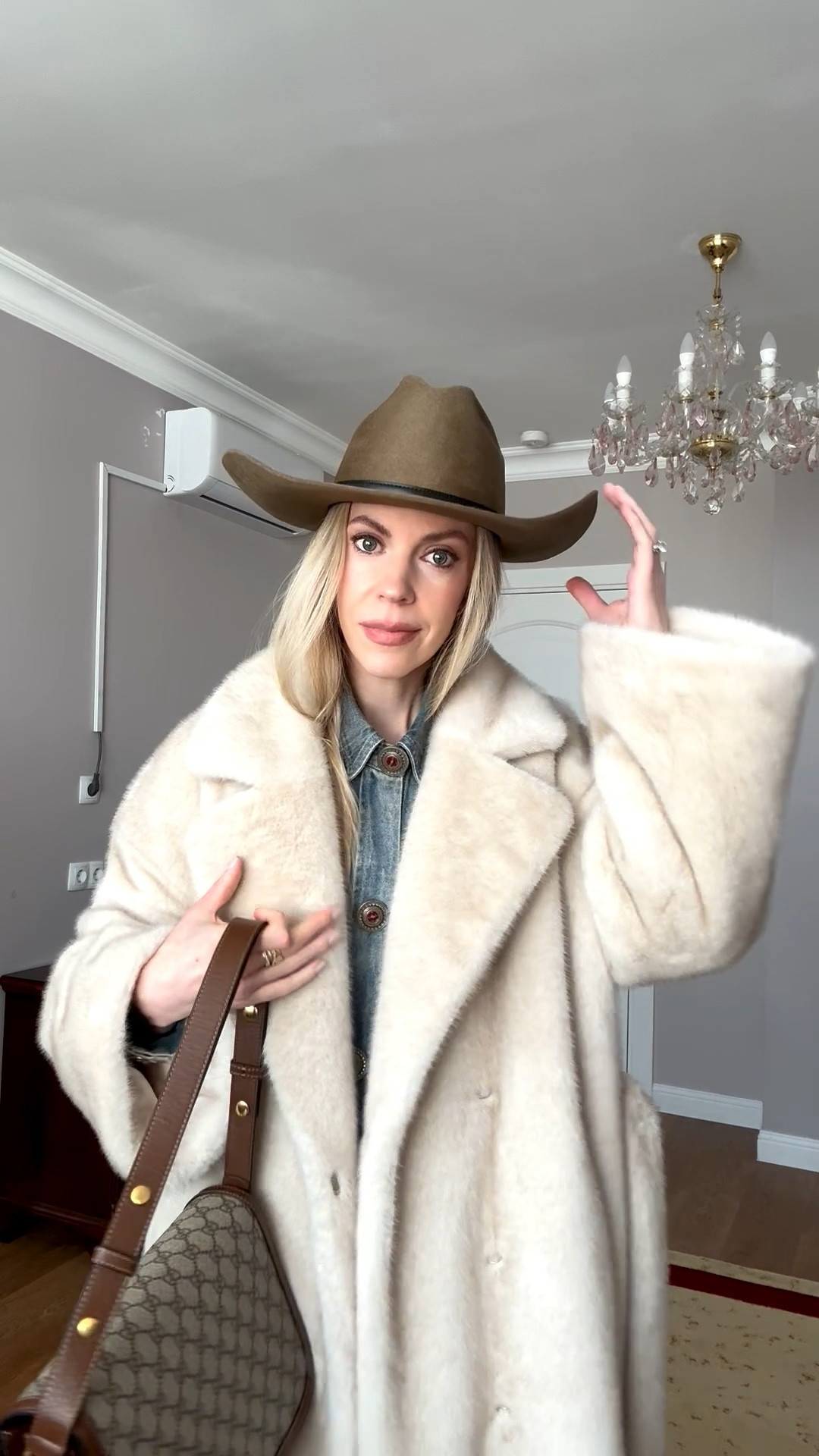 Beige faux fur coat, all denim outfit, denim on denim, @Levi's bootcut jeans, @Janessa Leone wool western hat, western style outfit 

#LTKOver40 #LTKgrwm #LTKSeasonal