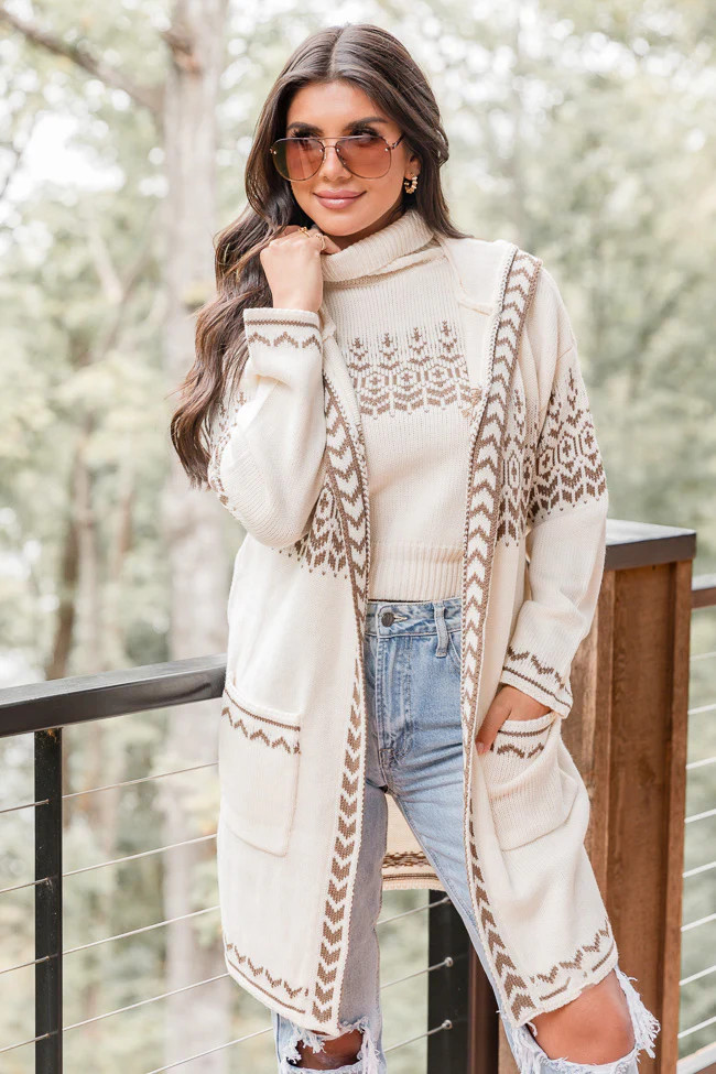Quick Decisions Cream And Brown Printed Sweater Tank And Cardigan Set | Pink Lily