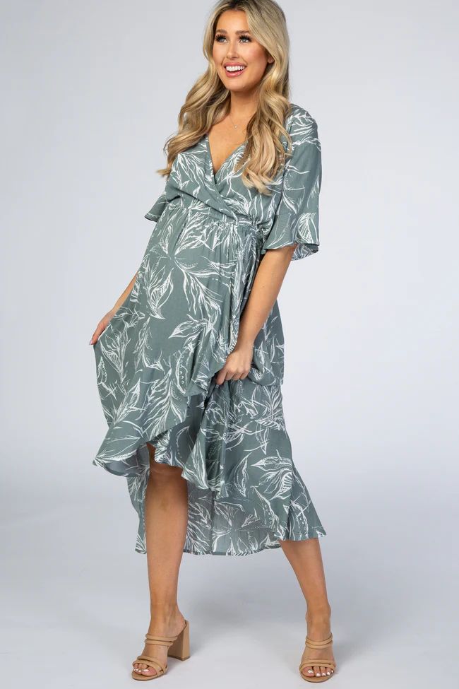 Sage Leaf Print Hi-Low Wrap Maternity Midi Dress | PinkBlush Maternity