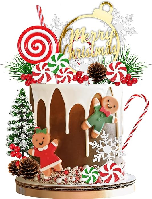 Merry Christmas Cake Topper Gingerbread Man Cake Decorations Candy Cane Pine Needle Snowflake for... | Amazon (US)