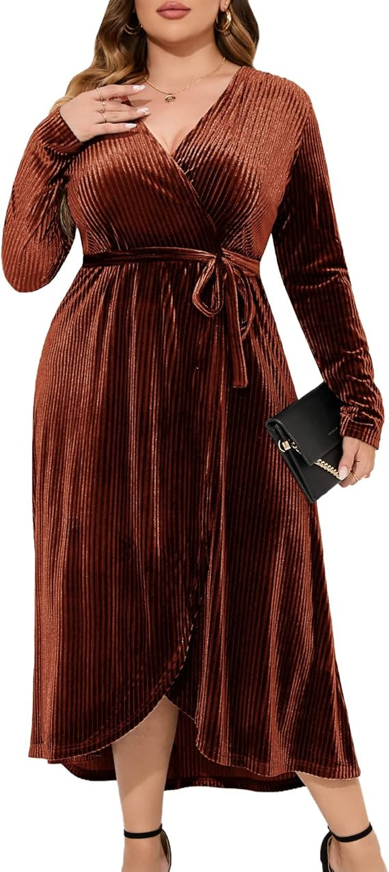 ZOMVA Plus Size Velvet Wrap Dress Ribbed Long Sleeves Long Maxi Elegant Party Wedding Guest Cockt... | Amazon (US)