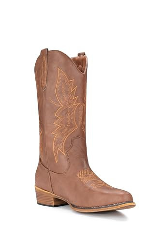 IUV Women's Brown Cowboy Boots, Size 10.5, Pointy Toe, Mid Calf, Pull On Zip, 2 Inch Heel, Western Style | Amazon (US)