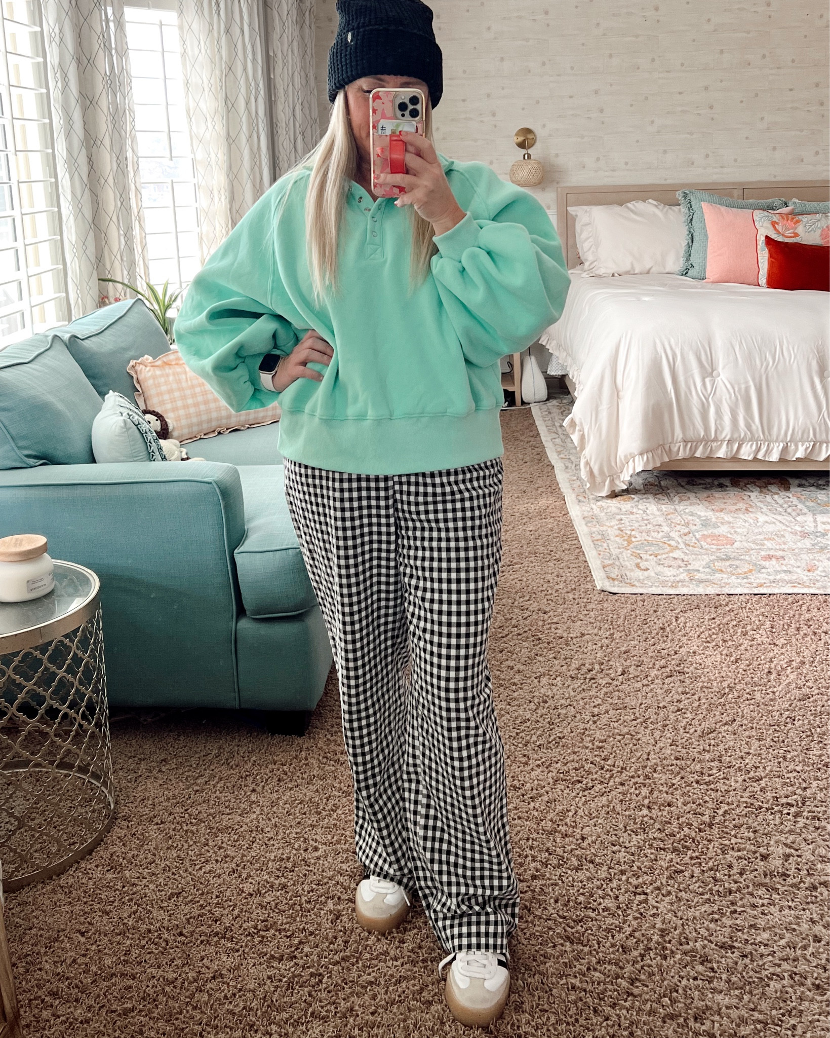 Part 2! 👀Trying this mint balloon sleeve pullover with a few different looks today! Watch for more posts to come!
.
This is a fun look with some pattern added in! Gingham pants, semesters and a black beanie! Fun, trendy and comfy!
.

#ootd #ootdfashion #amazonfashion #amazoninfluencer #momstyle #momstyleinspo #over40fashion #affordablefashion #newlook #flatteringfit #utahfashion #momfashion #momootd #casualfashion #errandfashion #workathomefashion #over40style #comfyclothes #ginghampants #sambas #adidas #mint #blackandwhite #patternedpants  #ldsfashion #modestfashion

#LTKOver40 #LTKFindsUnder50