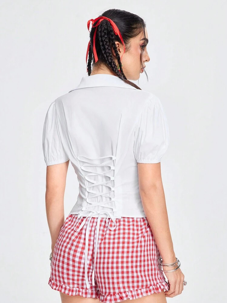ROMWE Grunge Punk Vintage And Retro Style Tight-Fitting Shirt With Puffy Sleeves, Pleats, Back Cr... | SHEIN
