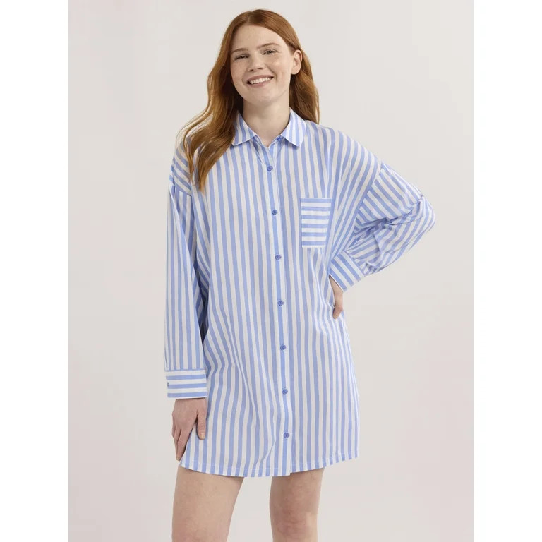 Joyspun Women’s Woven Long Sleeve Button Front Sleepshirt, Sizes XS-3X - Walmart.com | Walmart (US)