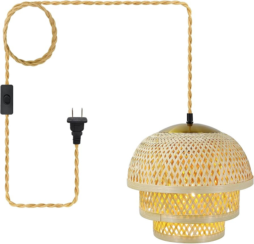 LMLAITE Plug in Pendant Light Rattan Hanging Lamp with On/Off Switch,15ft Hemp Rope Cord Handwove... | Amazon (US)