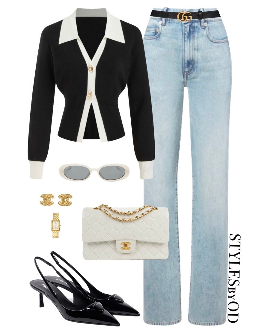 Casual-Chic Black & White Look🦓🖤

This outfit is all about the perfect balance—pairing a fitted black cardigan with a crisp white collar and trim with high-waisted light-wash denim for an effortlessly preppy yet polished capsule vibe. Completed with sleek black Prada slingbacks, a classic white quilted handbag, and timeless gold accents, it’s the ultimate elevated daytime uniform for the new season✨

#LTKstyletip #LTKfashion #casualoutfit #workwear

#LTKSeasonal #LTKSaleAlert #LTKWorkwear