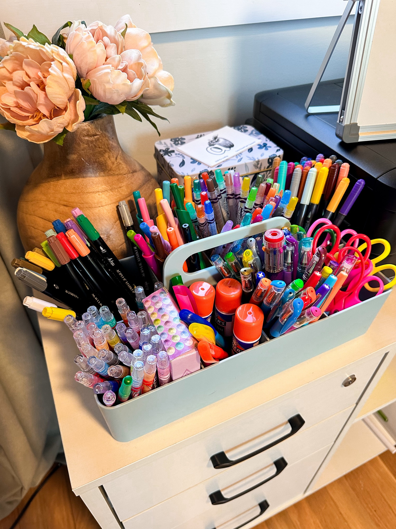 🎨🖌️ Our little art caddy for the kids! 

Our youngest is a big fan of all things art, and these are his favorite everyday art supplies that he uses on the regular. Mostly the regular kids’ stuff. I like to buy the twist up crayons and colored pencils (less breaking and no sharpening!) and the click markers (no lost caps!). 

But of course, he has taken over some of my supplies, as well! He loves the acrylic paint markers (left corner, back) and the dual tip adult coloring markers (right corner, back). These are definitely his favorite! 

My older son loves to practice writing with the gel pens and the flair pens. 

My teacher thoughts? Expose them to as many writing instruments as possible from an early age (safely, of course). It helps them explore the pressure needed to use them, differences in medium, hand grip, and its sensory! 

#LTKhome #LTKfamily #LTKkids