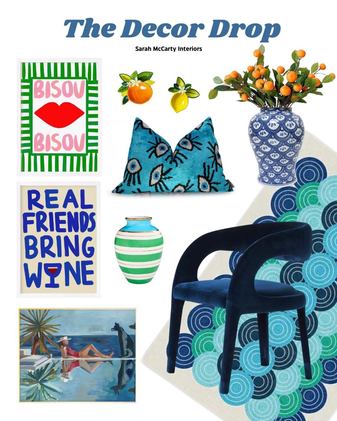 Colorful home decor 💙💚 Art prints, dining chair, washable rug, throw pillows, ginger jar, vase, trinket dish, citrus 

#LTKStyleTip #LTKHome #LTKSaleAlert