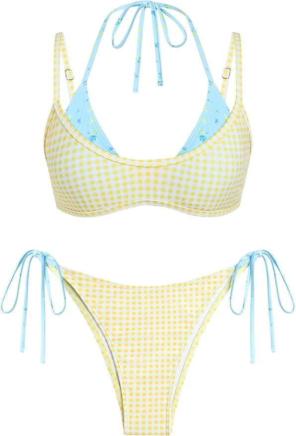ZAFUL Women's Polka Dot Bikini Set Double Layer Halter Swimsuit Colorblock Side Tie 2 Piece Bathi... | Amazon (US)