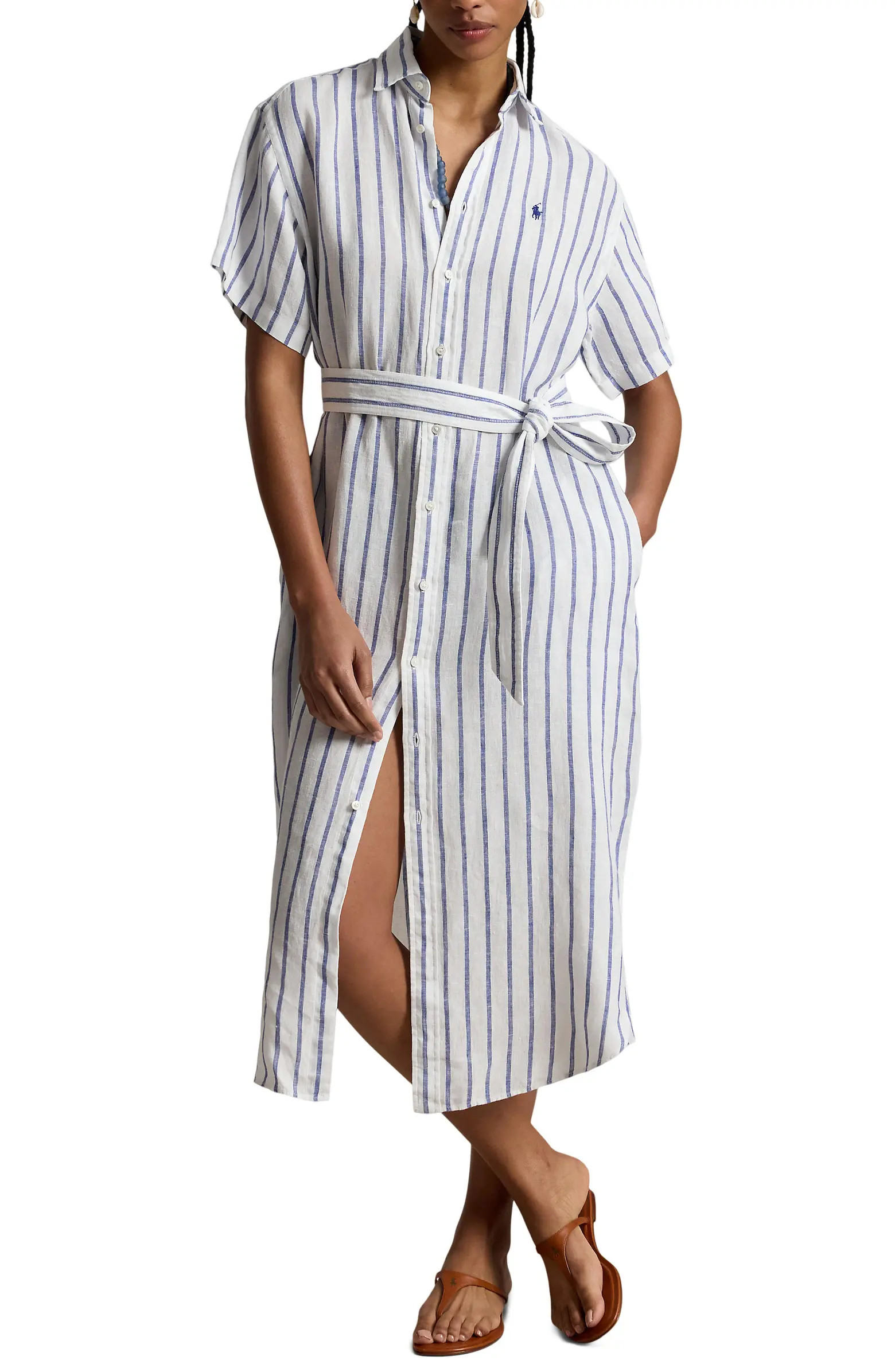 Striped Belted Linen Midi Shirtdress | Nordstrom