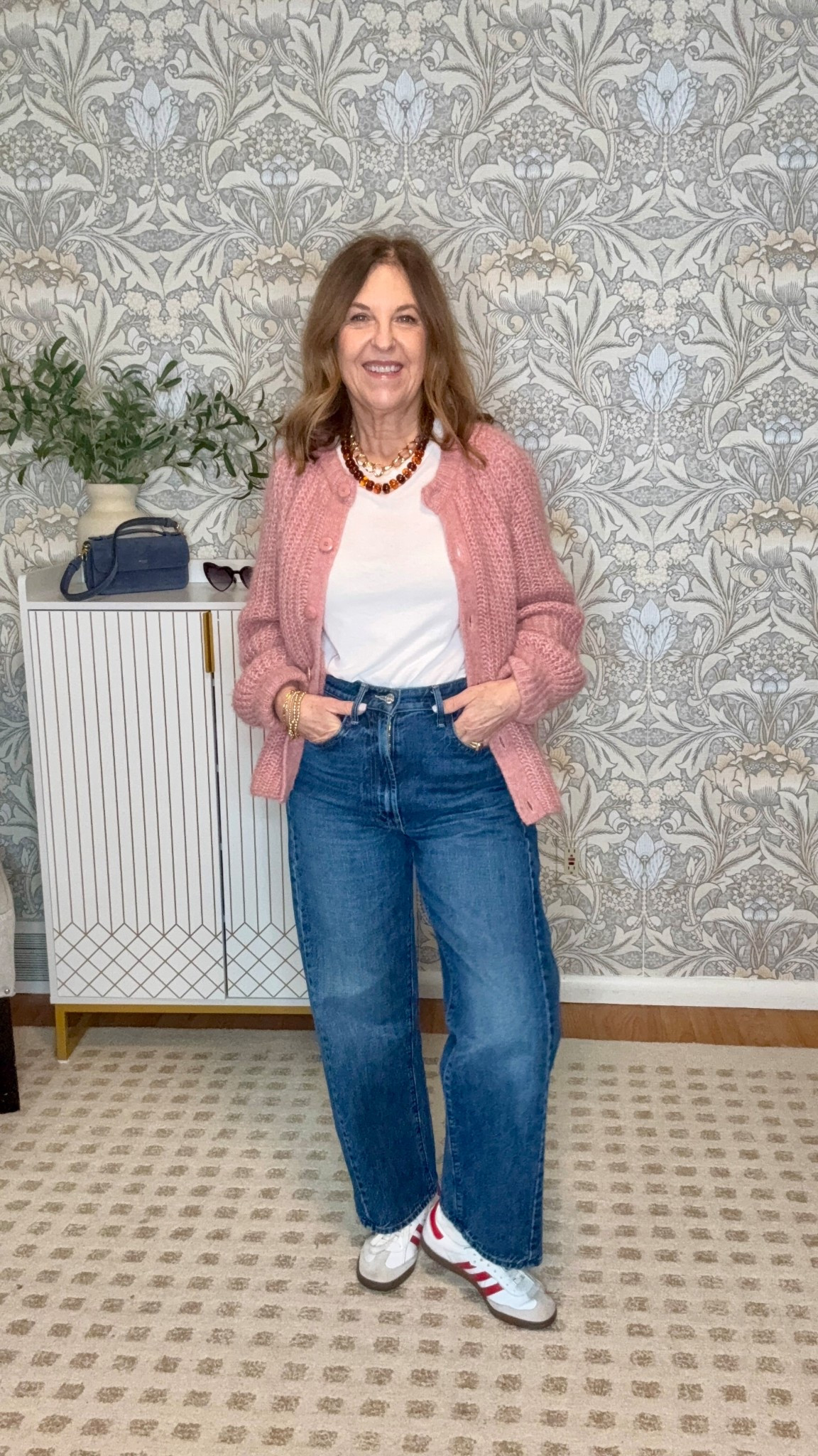 Outfit of the day picking up
My granddaughter.

@SEZANE cardigan - tts. I'm wearing size XS.
@jcrew vintage tee- tts. I'm wearing size s.

Mother half pipe jeans - tts. I'm wearing regular, not petites. 

@adidas sambas -fit big, Suze down half a size.

Jewelry

#LTKOver40 #LTKValentine #LTKootd