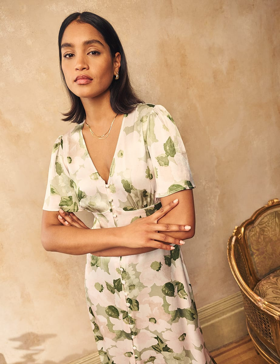 Green Floral Satin Erin Bridesmaid Midaxi Dress | Nobody's Child