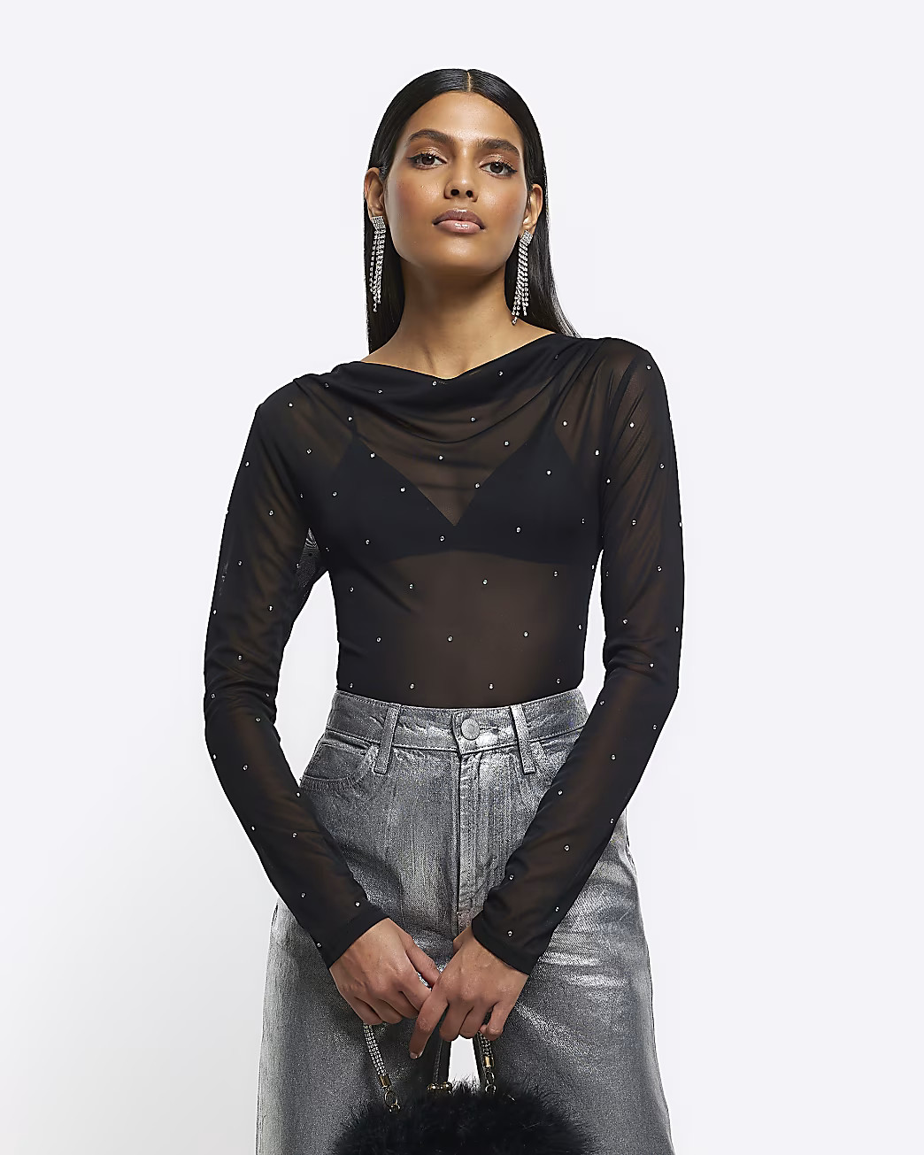 Black ruched diamante blouse | River Island (UK & IE)