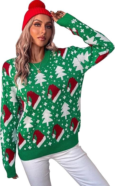 KOJOOIN Ugly Christmas Sweater Funny for Women 2023 Crew Neck Long Sleeve Reindeer Snowflakes Kni... | Amazon (US)