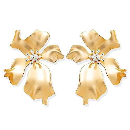 Gold Flower Statement Earrings for Women Sculptural Flower Earrings Textured Irregular Boho Earrings Exaggerated Geometric Earrings (GD) | Amazon (US)