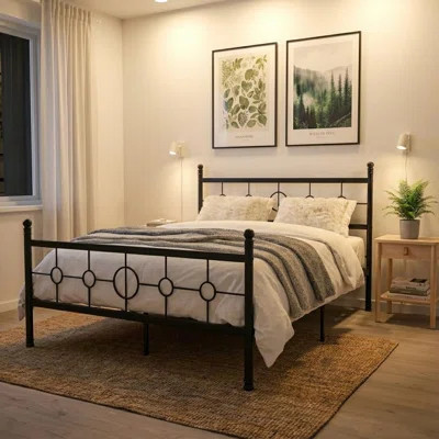 Metal Bed Frame with Vintage Circular Headboard and Footboard, No Box Spring Needed, Noise-Free, Easy Assembly, Black | Wayfair North America