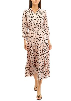 T TAHARI Women's Long Sleeve Heart Print Tiered Midi Dress, XS | Belk