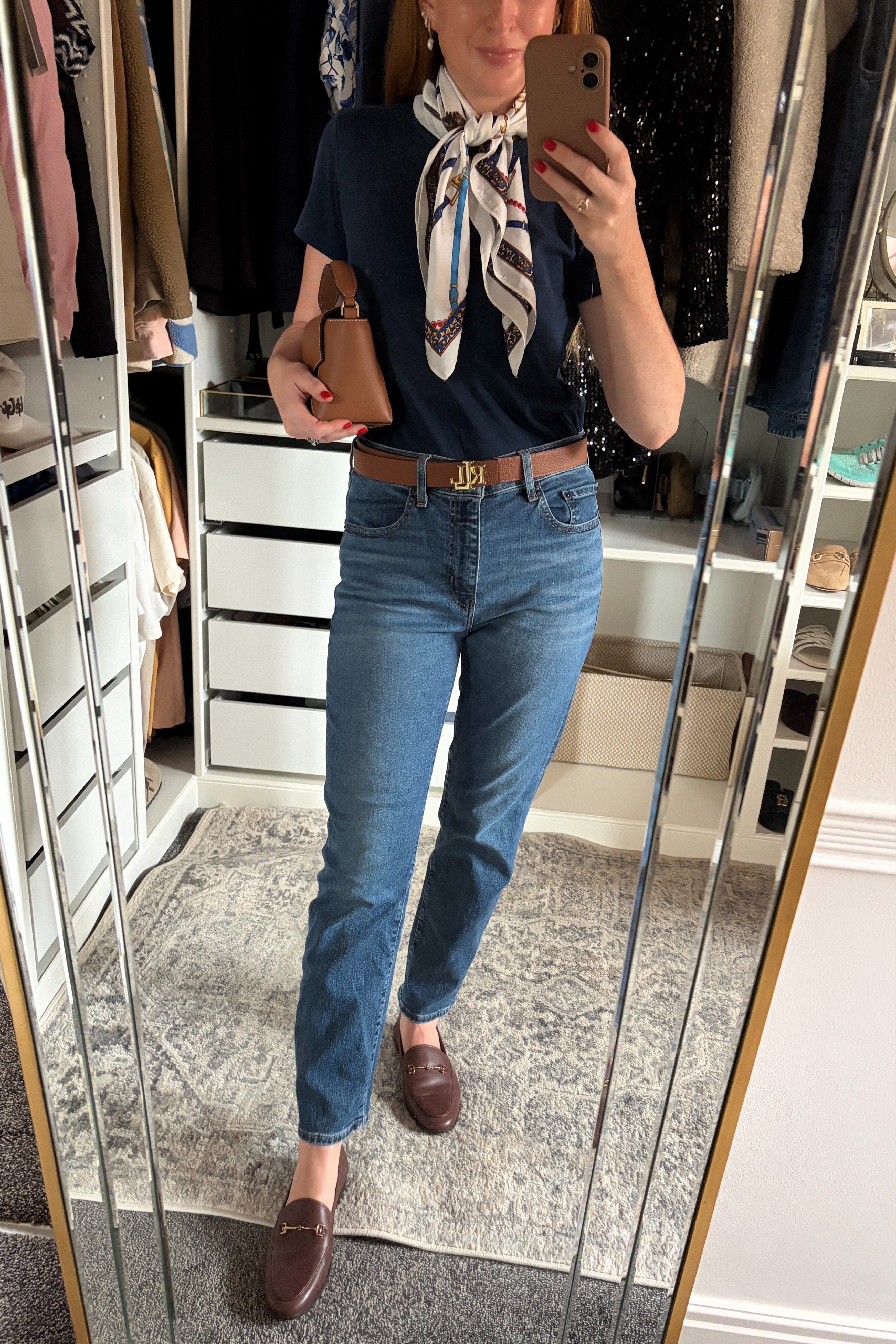 The easiest pre-autumn outfit formula 🍂 Classic denim, a navy tee, loafers and a silk scarf. Adding those little autumnal touches without fully committing to knitwear just yet! fall outfits women, teacher outfits, business casual workwear 

 #LTKuk #LTKautumn #LTKworkwear