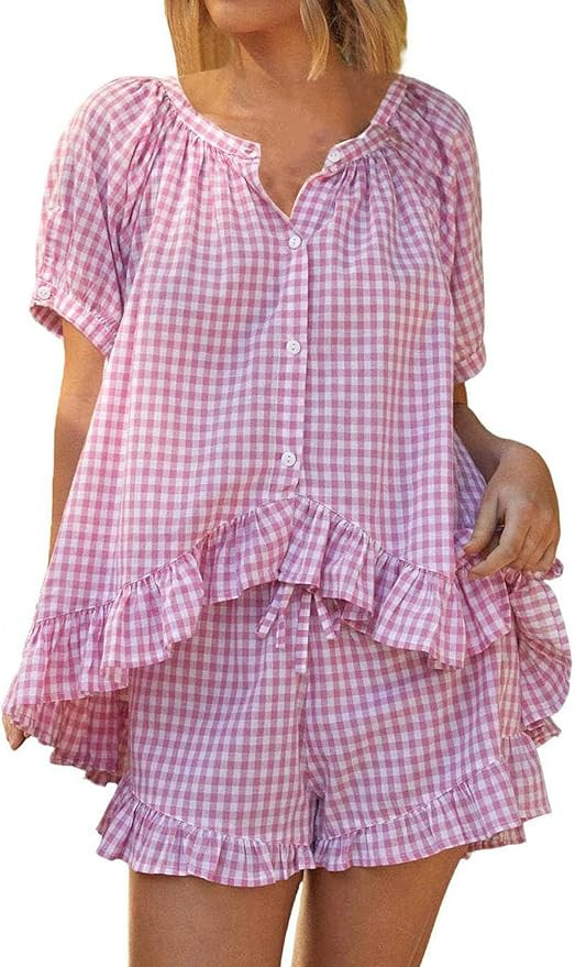 KCVVA Womens Gingham Pajama Set 2 Piece Cotton Short Sleeve Plaid Ruffle Pjs Outfits Lounge Babyd... | Amazon (US)