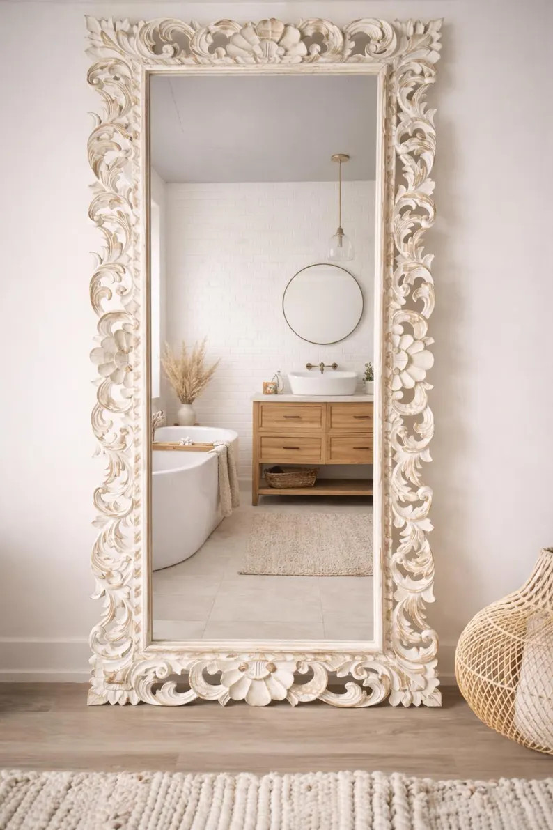 Hand-Carved Teak Wood Wall Frame | White Distressed Finish| Full Length Mirror(only frame) | Etsy (Global)