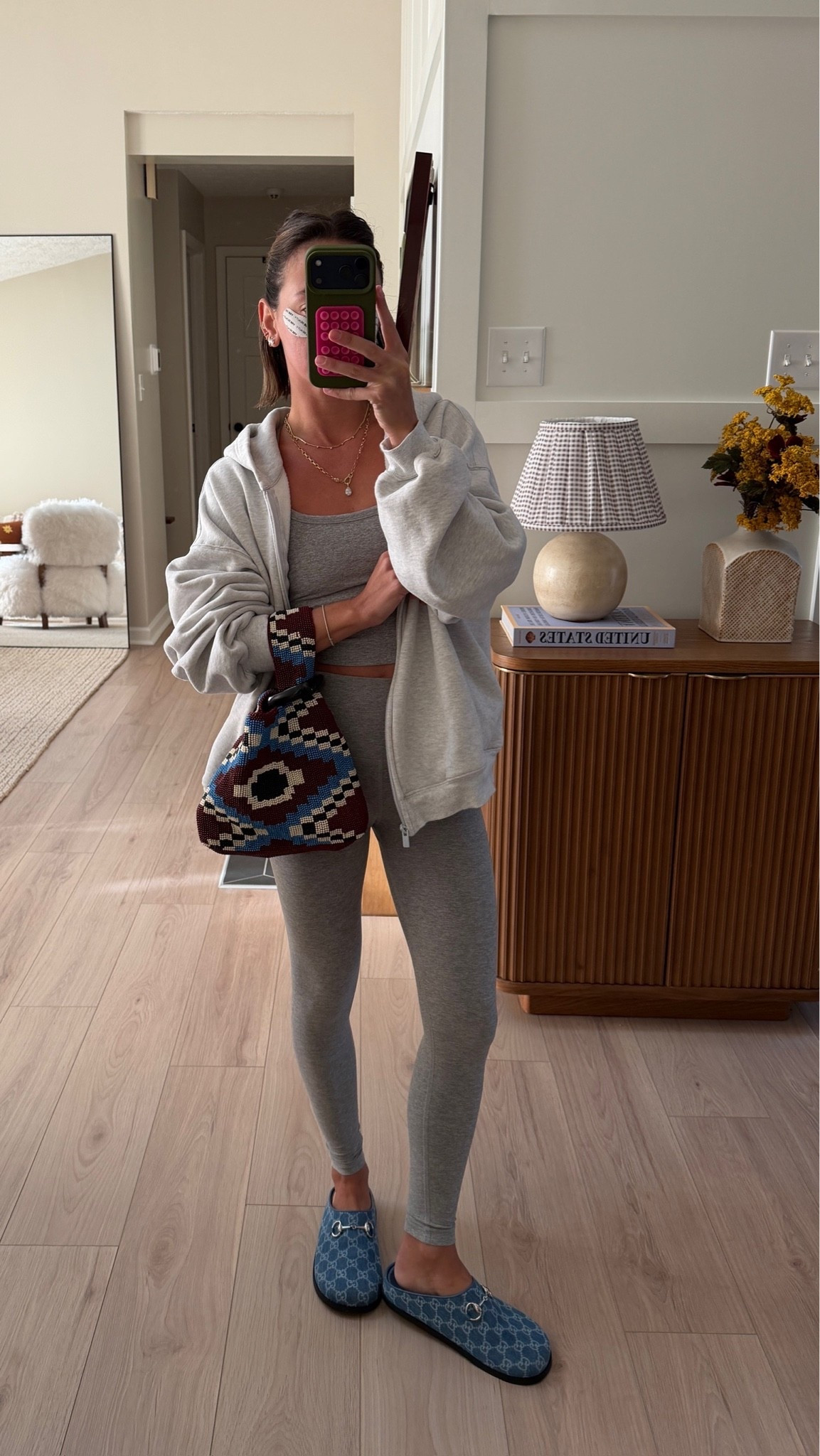 XS top and bottom! Jacket is medium in Heather cloud white, bag is