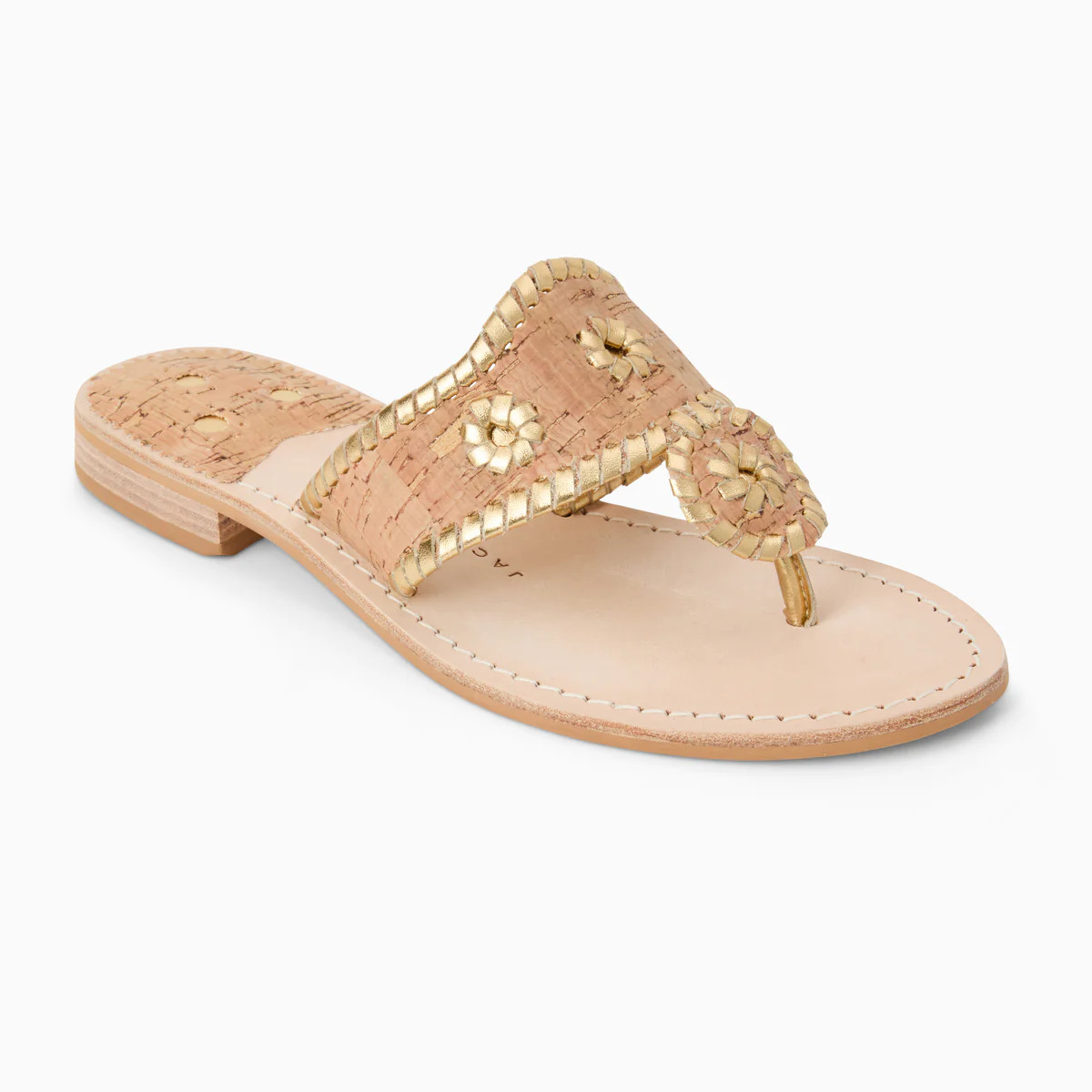 Jack Rogers Jacks Flat Sandal in Cork & Gold – Leather Thong Sandals for Women | Jack Rogers