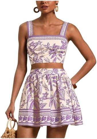 Floerns Women's Two Piece Outfit Tropical Crop Cami Top and Summer Skirts Set | Amazon (US)