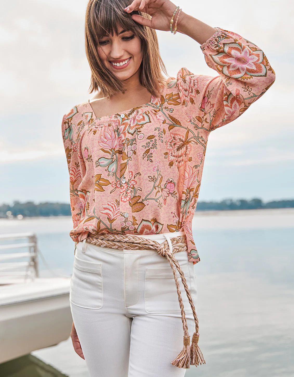 Joslynn Square Neck Blouse Calm Waters Floral Chintz | Spartina 449