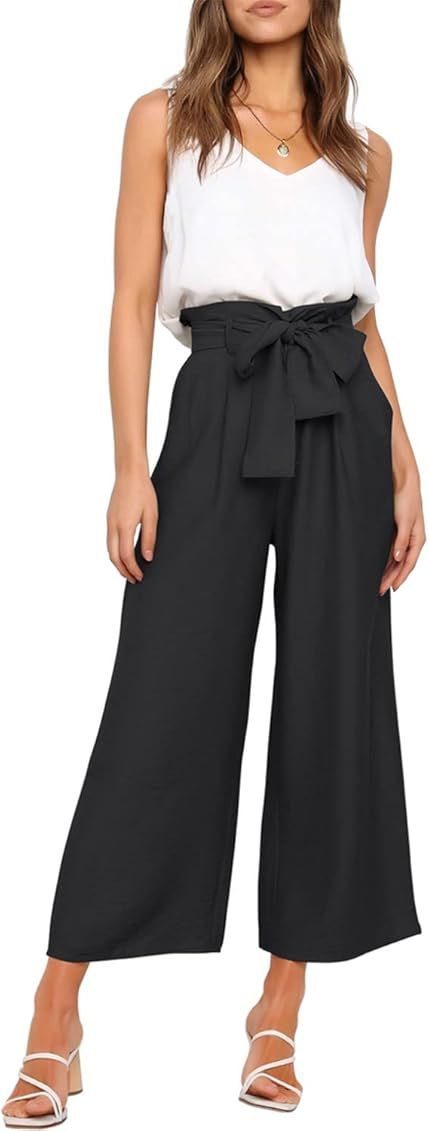 FANCYINN Womens 2 Piece Crop Pants Set V Neck Tank Wide Strap Tops High Waisted Cropped Paper Bag Pa | Amazon (US)