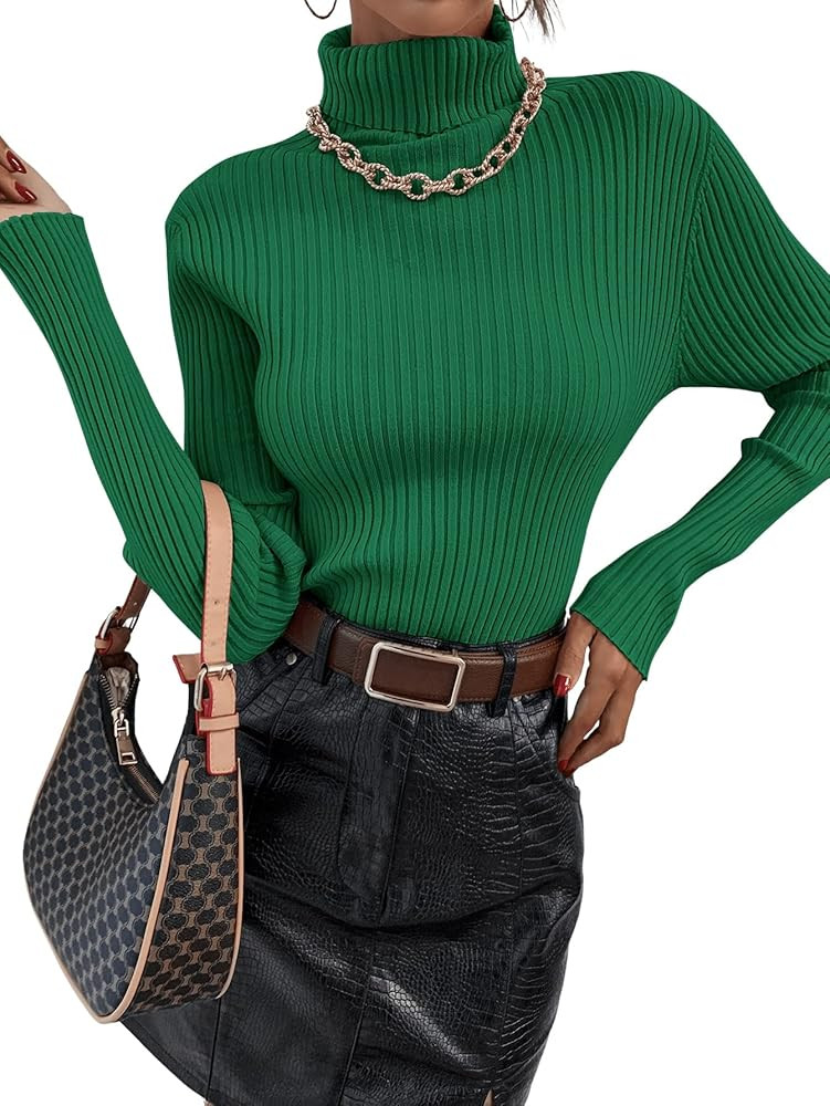 SweatyRocks Women's Long Sleeve Turtleneck Ribbed Knit Pullover Sweater Top | Amazon (US)