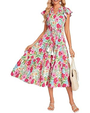 GRACE KARIN Womens Summer Floral Midi Dresses Short Sleeve Beach Wedding Guest Dress Drawstring L... | Amazon (US)