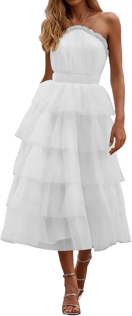 Halter Dotted Tulle Prom Dresses Tea Length Ruffled Formal Evening Party Gowns for Women Sleevele... | Amazon (US)