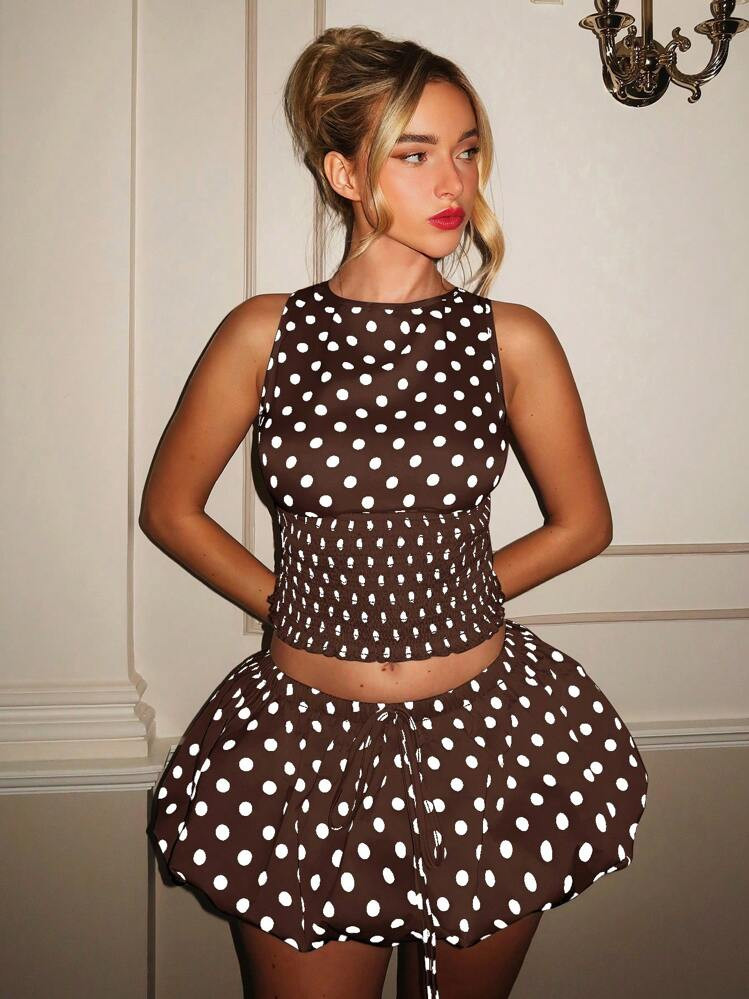 Glamine Elegant Classic Retro Brown And White Polka Dot Two Pieces Set,Cute Summer Date Women Sli... | SHEIN