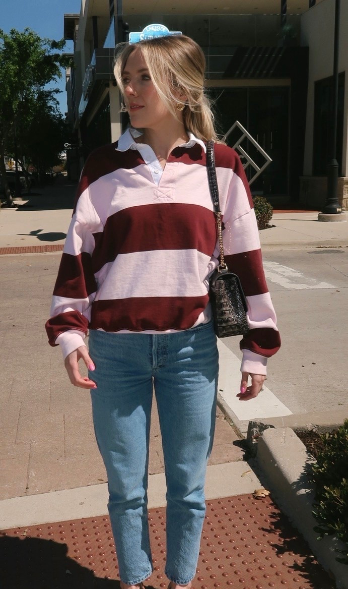 Girly rugby style shirt has my heart! Amazing quality and love the pink and burgundy stripes. Wearing a size small