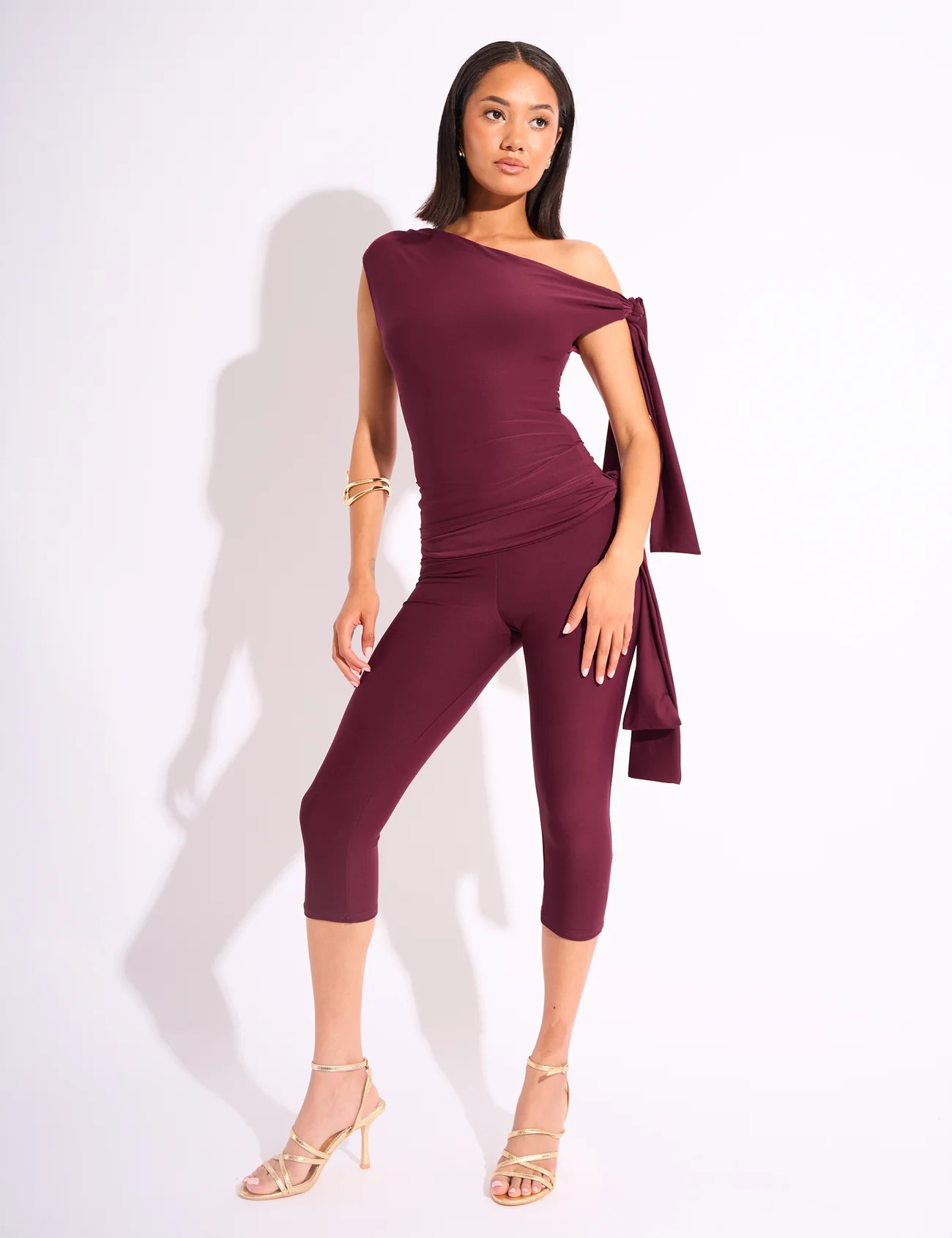 Knot Detail Tie Side Luxe Slinky Capri Pants Burgundy | Public Desire