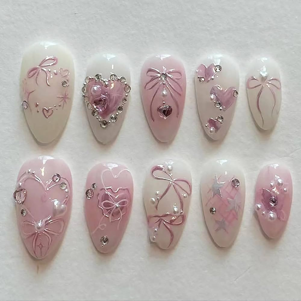 24Pcs Pink Press on Nails Medium Almond Fake Nails 3D Heart Pearl with Rhinestones Glitter Design... | Amazon (US)