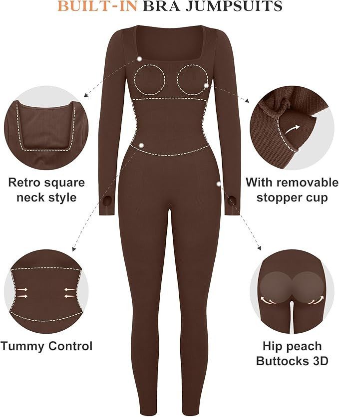 Popilush Jumpsuits for Women Long Sleeve Built-In Bra Square Neck Full Length Leggings Bodycon St... | Amazon (US)