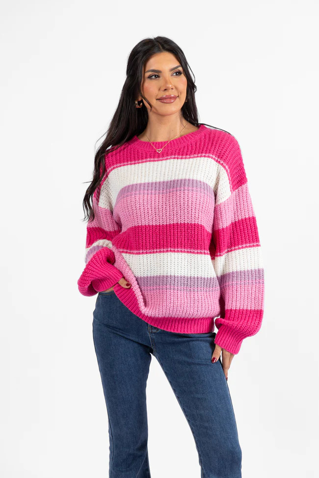 Everything Nice Pink Multi Striped Crew Neck Sweater DOORBUSTER | Pink Lily