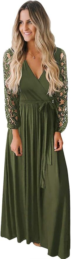 Kranda Womens Vintage Floral Lace Long Sleeve Faux Wrap V Neck Party Long Maxi Dress | Amazon (US)