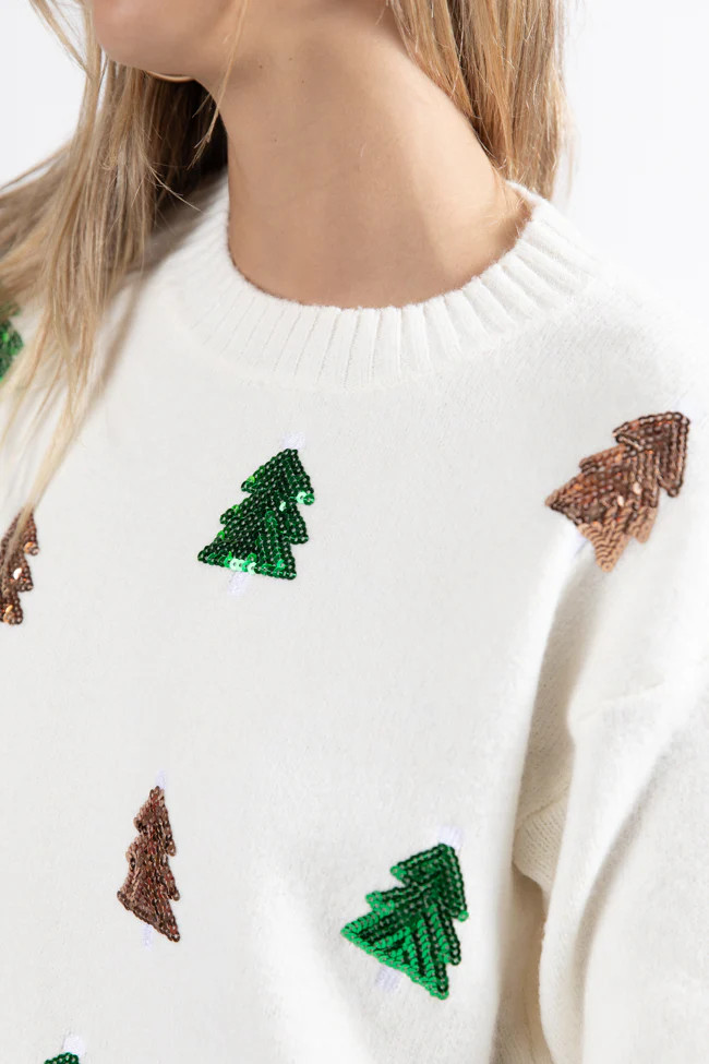 Twinkling Tree Ivory Sequin Tree Patch Sweater Macy Blackwell X Pink Lily | Pink Lily